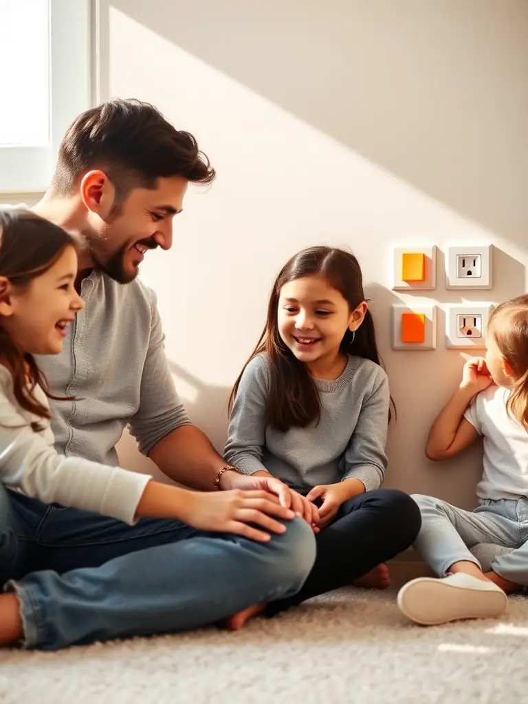 A family installing childproof outlet covers in their home to prevent electrical accidents.