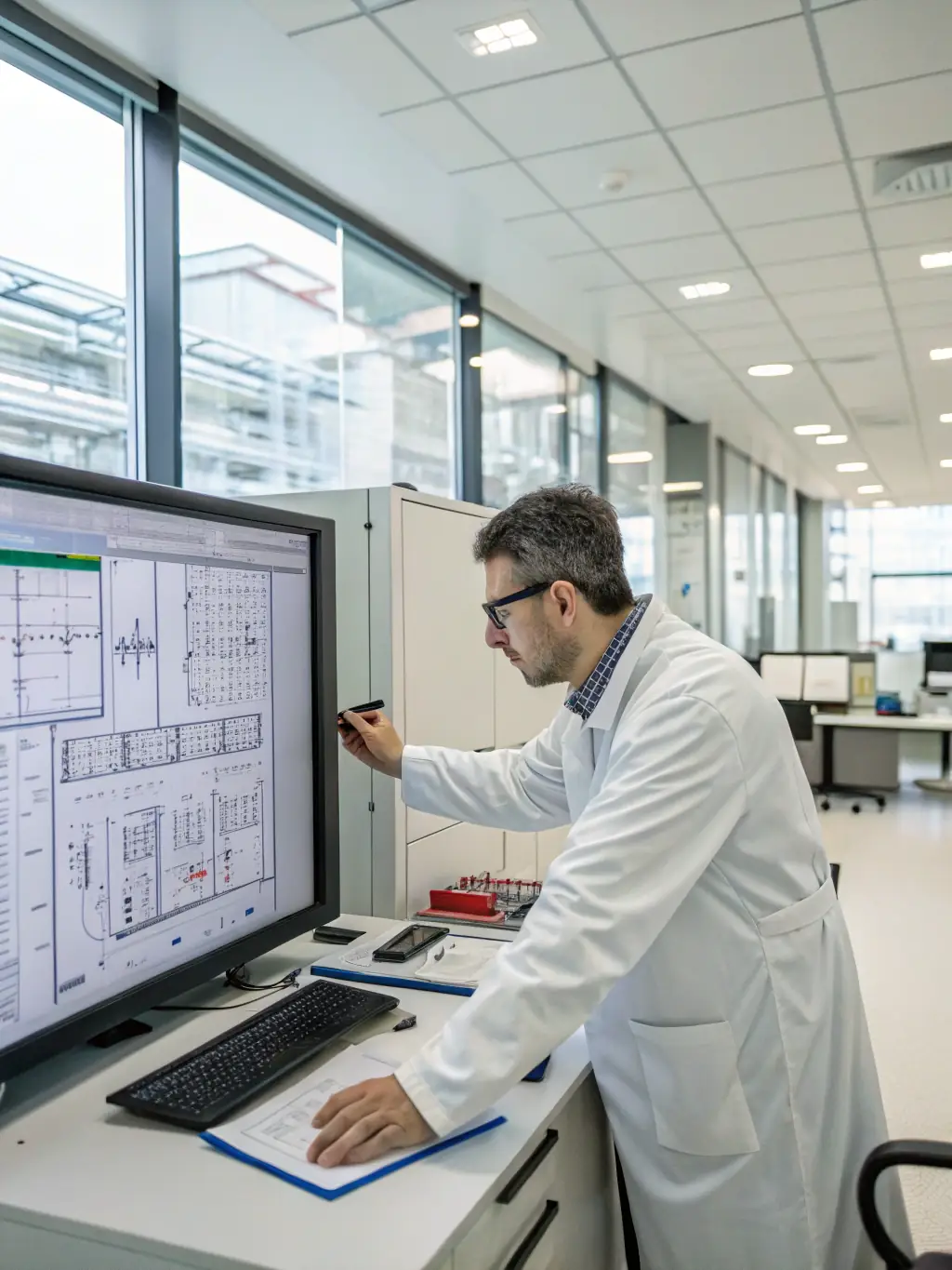 A person studying electrical diagrams and schematics, showcasing the complexity and technical knowledge required in electrical work.