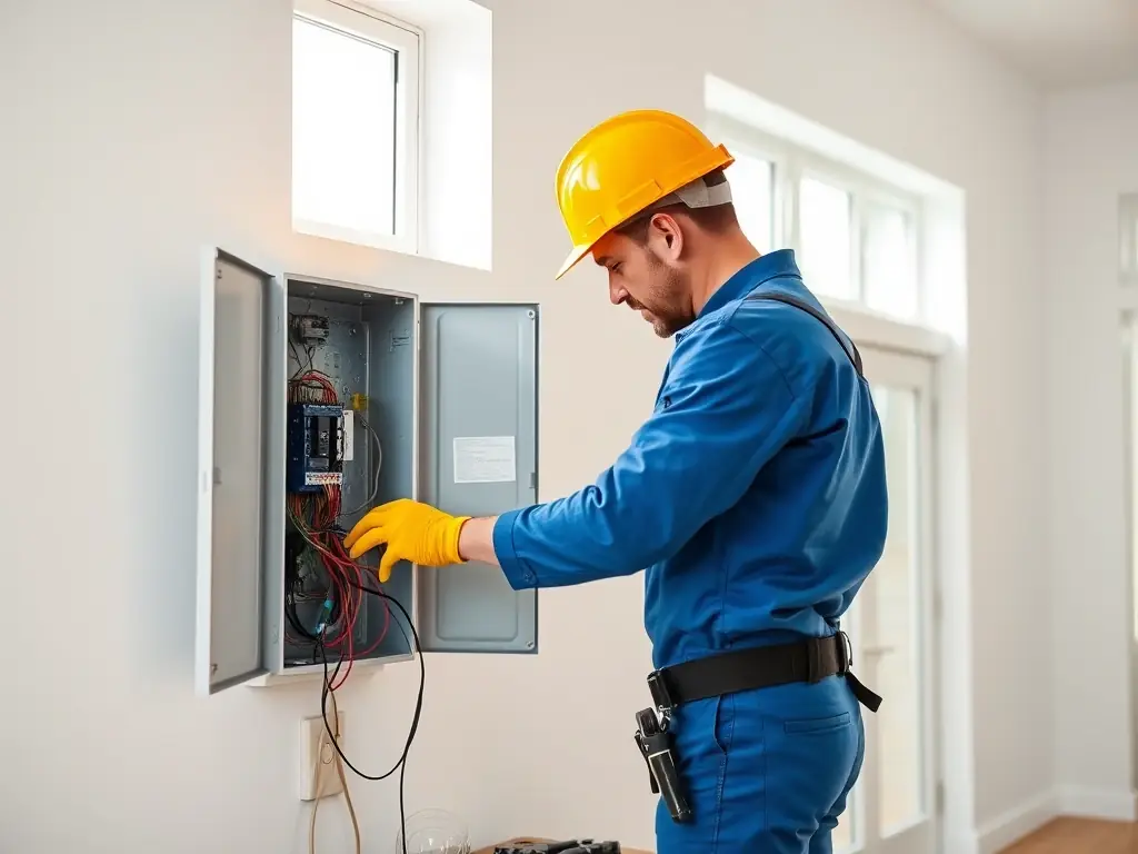 An image of a qualified electrician inspecting electrical wiring in a residential home, ensuring safety and compliance with regulations.