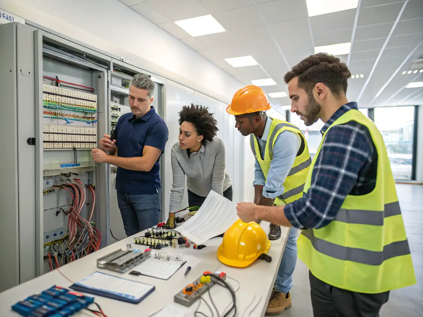 A diverse group of electricians are collaborating on a project, showcasing the supportive community and expert guidance available through Level Two Electrician Education & Safety Portal.