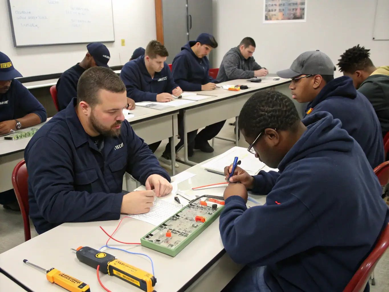 A student electrician is studying wiring diagrams and using testing equipment in a modern training facility, emphasizing the comprehensive resources available on Level Two Electrician Education & Safety Portal.