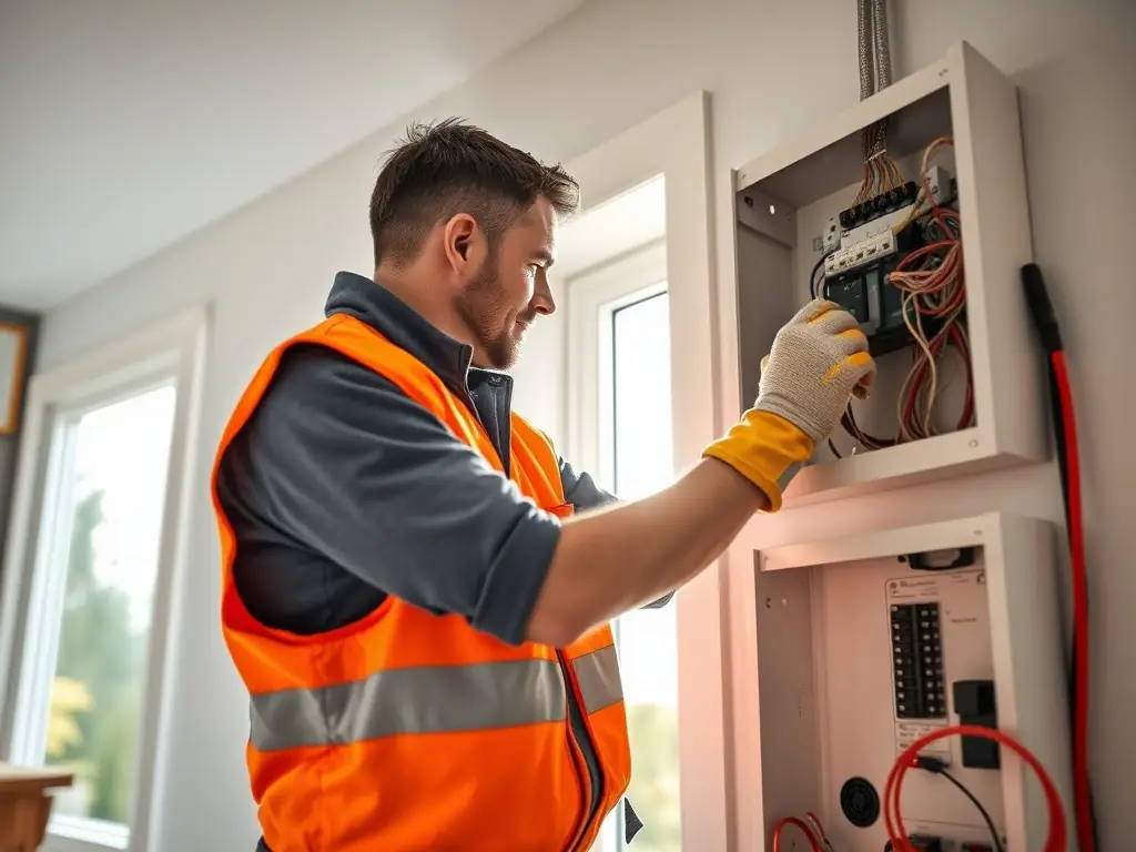 An image of a Level 2 electrician installing a modern electrical panel in a home, showcasing expertise and precision.