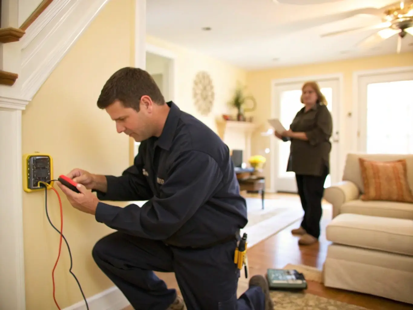 An image of a homeowner discussing electrical upgrades with a Level 2 electrician, emphasizing personalized service and expert advice.