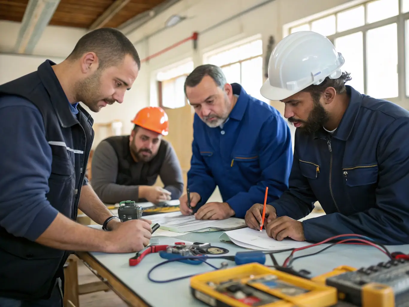 A focused image of electrical apprentices working together on a complex wiring project, showcasing teamwork and practical skills development.