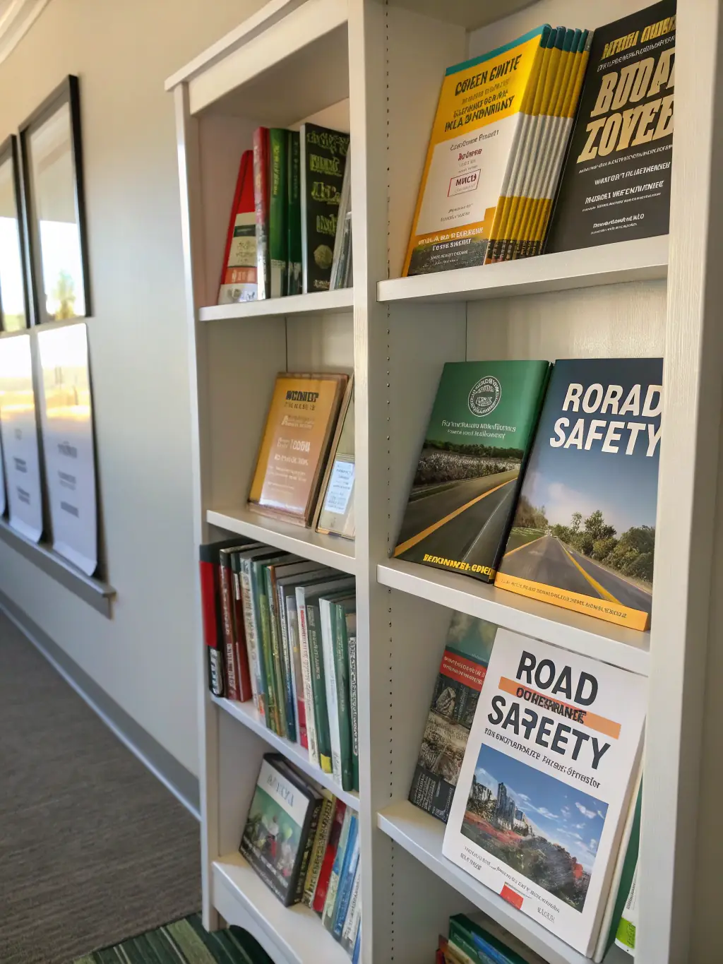A brightly lit, organized bookshelf filled with electrical code books, safety manuals, and study guides, emphasizing the depth of resources available for both homeowners and aspiring electricians.
