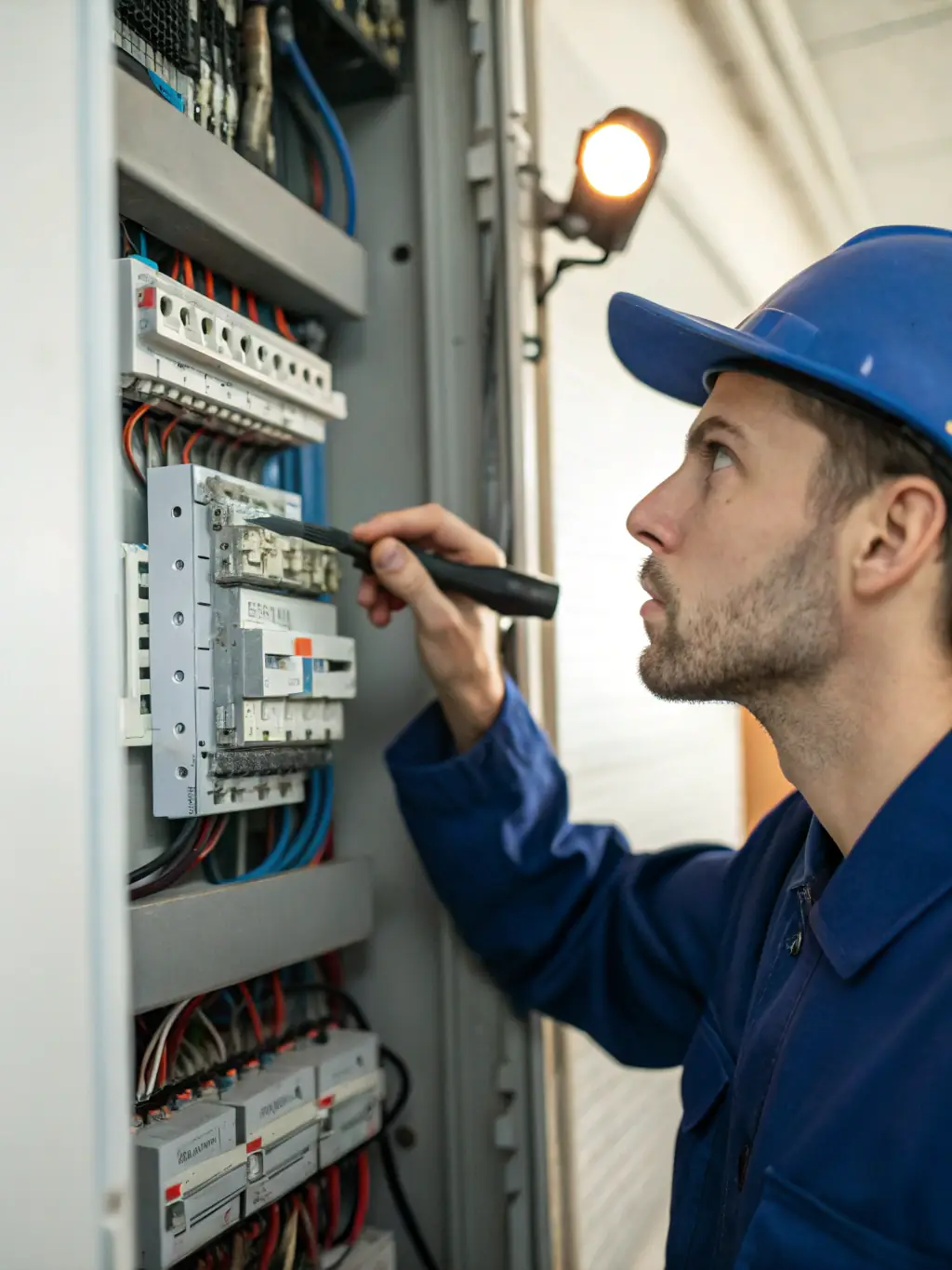 A licensed electrician performing a safety inspection on a home's electrical panel.