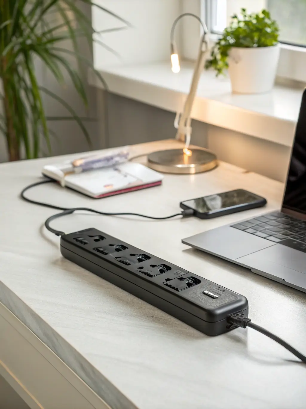 A homeowner using a surge protector to protect their electronic devices from power surges.