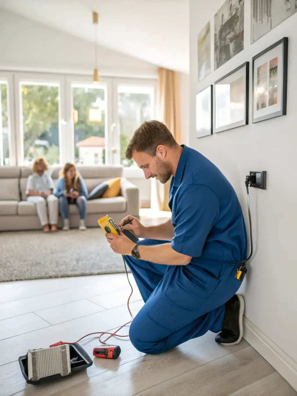A homeowner inspecting a damaged electrical outlet in their living room, highlighting the importance of regular safety checks.